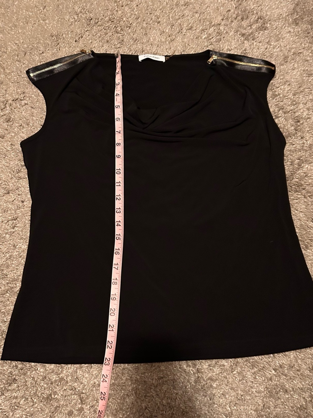 Calvin Klein Black Sleeveless Cowl Neck Tank with Gold Zipper Detail